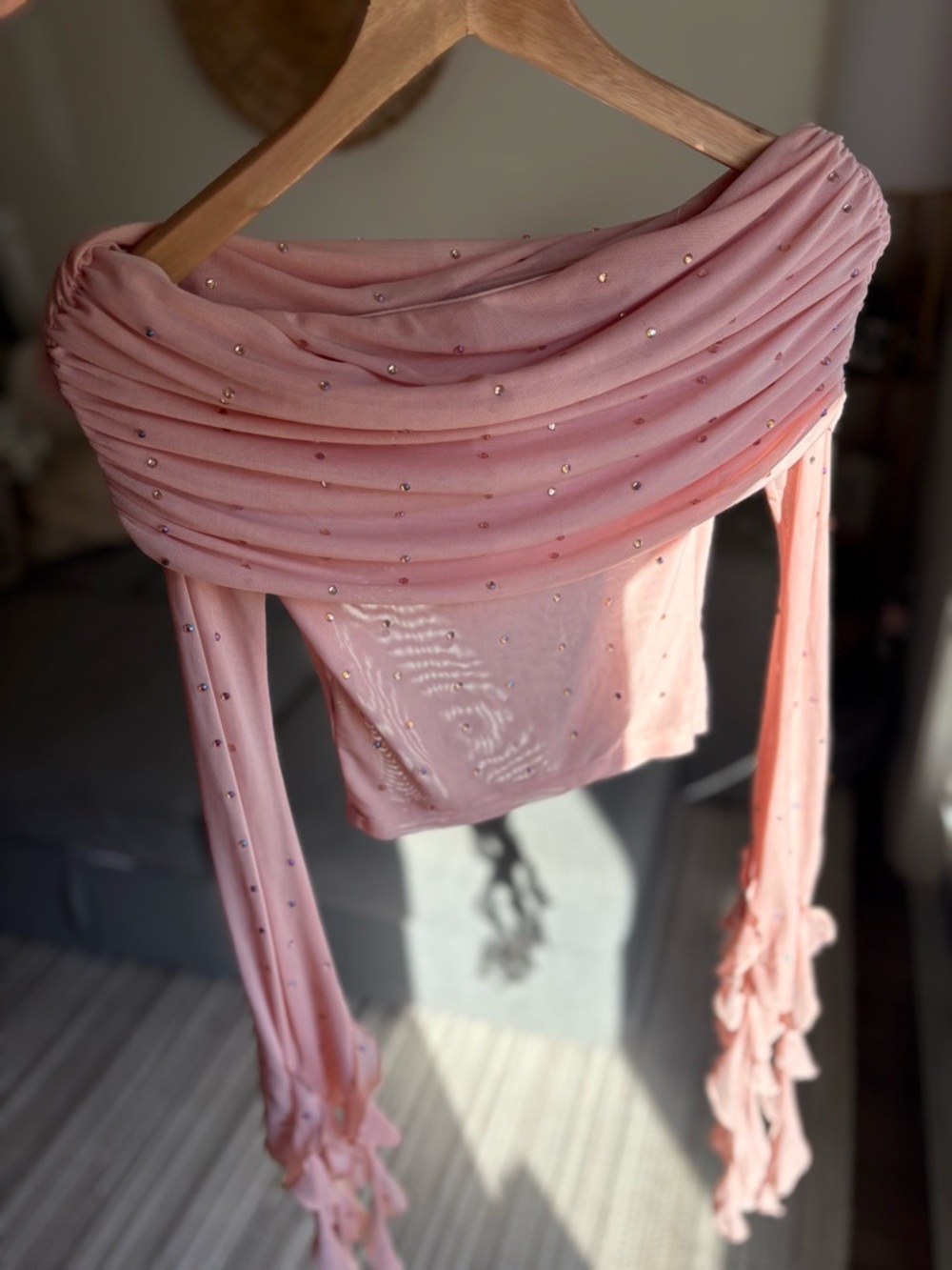 Women's Off Shoulder Top Pleated Design Rhinestones Ruffle Trim Pink Y2K Party